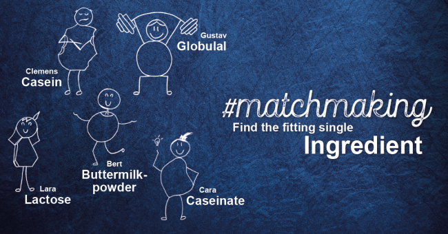 Single Ingredients Kuppel-Aktion Verkörperung der Single Ingredients von MEGGLE: Lara Laktose, Bert Buttermilchpulver, Gustav Globulal (WPC), Clemens Kasein und Clara Kaseinat